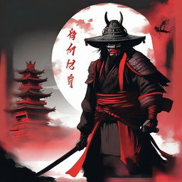 This is a striking image of a ronin samurai, donned in traditional attire with a rice hat and an imposing Oni mask, rendered in a bold palette of black and red