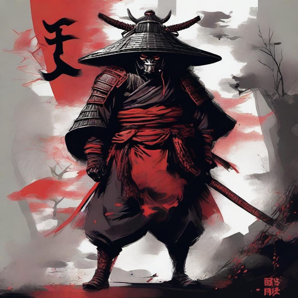 This is a striking image of a ronin samurai, donned in traditional attire with a rice hat and an imposing Oni mask, rendered in a bold palette of black and red