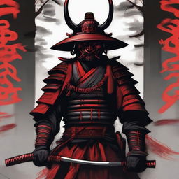 This is a striking image of a ronin samurai, donned in traditional attire with a rice hat and an imposing Oni mask, rendered in a bold palette of black and red