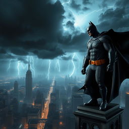 A dynamic and dramatic scene featuring Batman standing atop a gothic skyscraper overlooking Gotham City at night