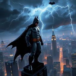 A dynamic and dramatic scene featuring Batman standing atop a gothic skyscraper overlooking Gotham City at night
