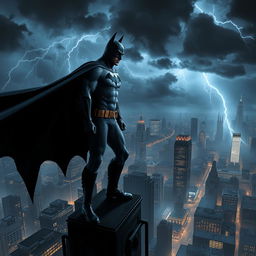 A dynamic and dramatic scene featuring Batman standing atop a gothic skyscraper overlooking Gotham City at night