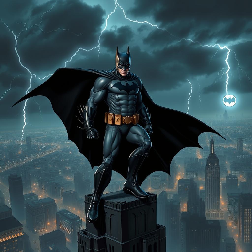 A dynamic and dramatic scene featuring Batman standing atop a gothic skyscraper overlooking Gotham City at night