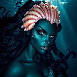 A fierce and beautiful dark-colored mermaid with glistening scales on her cheeks