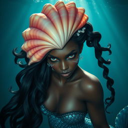 A fierce and beautiful dark-colored mermaid with glistening scales on her cheeks