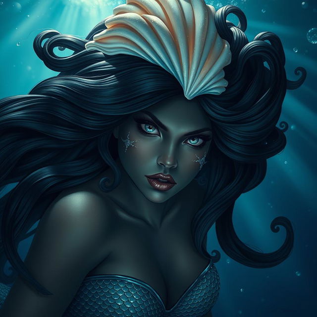 A fierce and beautiful dark-colored mermaid with glistening scales on her cheeks