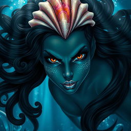 A fierce and beautiful dark-colored mermaid with glistening scales on her cheeks