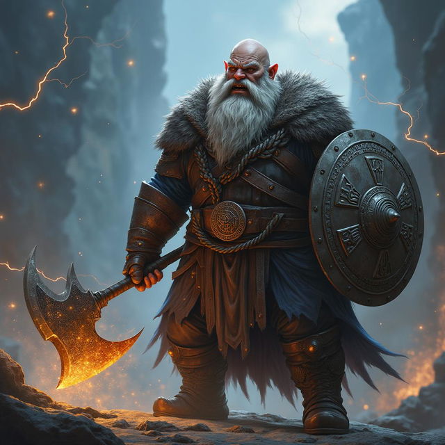 A detailed image of a snarling bald Dwarven war cleric, featuring a striking grey braided beard that adds to his fierce appearance, signifying his wisdom and battle experience