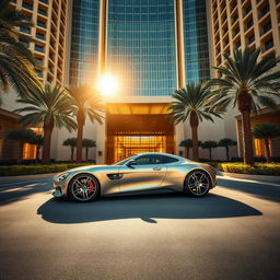 A wide-angle shot capturing the Mercedes-AMG ONE gliding smoothly into the grand driveway of a luxurious five-star hotel