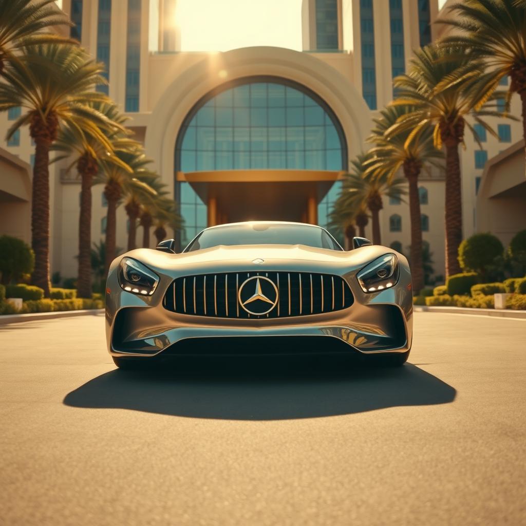 A wide-angle shot capturing the Mercedes-AMG ONE gliding smoothly into the grand driveway of a luxurious five-star hotel