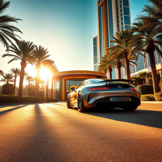 A wide-angle shot capturing the Mercedes-AMG ONE gliding smoothly into the grand driveway of a luxurious five-star hotel