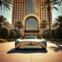 A wide-angle shot capturing the Mercedes-AMG ONE gliding smoothly into the grand driveway of a luxurious five-star hotel