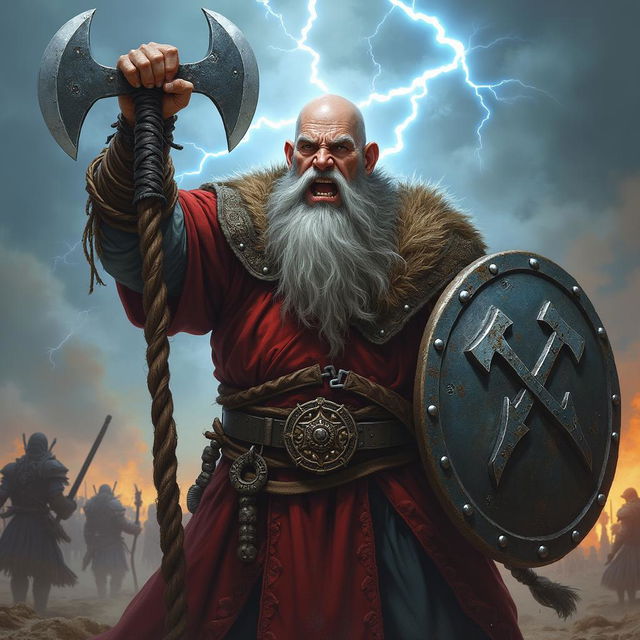 A detailed image of a snarling bald Dwarven war cleric, featuring a grey braided beard that flows down from his chin