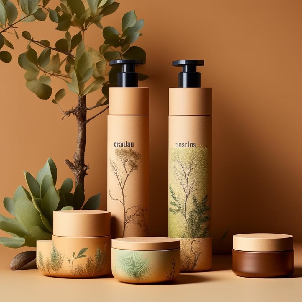 Design individual units of a natural cosmetics product range, with attractive, eco-friendly packaging featuring botanical elements and soothing earth tones.