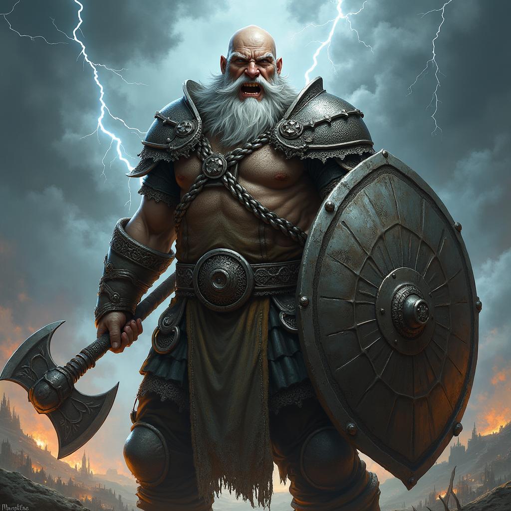 A detailed image of a snarling bald Dwarven war cleric with a grey braided beard, a fierce follower of Clangeddin Silverbeard