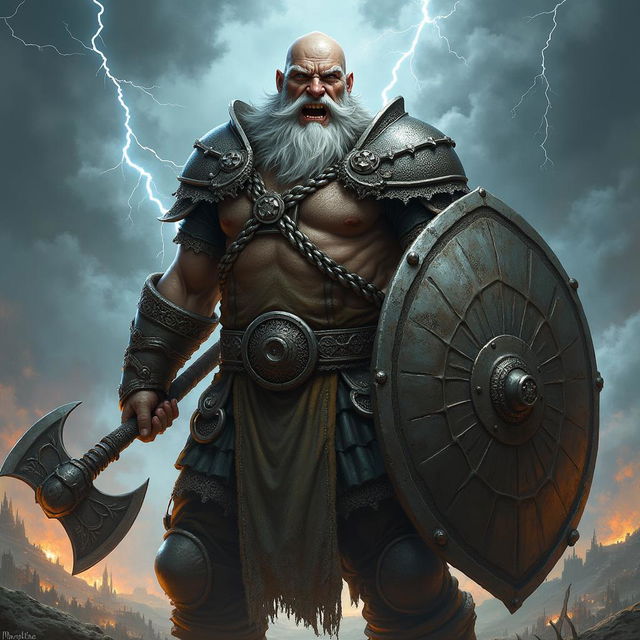 A detailed image of a snarling bald Dwarven war cleric with a grey braided beard, a fierce follower of Clangeddin Silverbeard