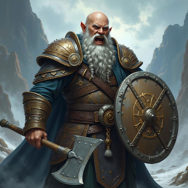 A detailed image of a snarling bald Dwarven cleric with a grey braided beard, loyally following Clangeddin Silverbeard