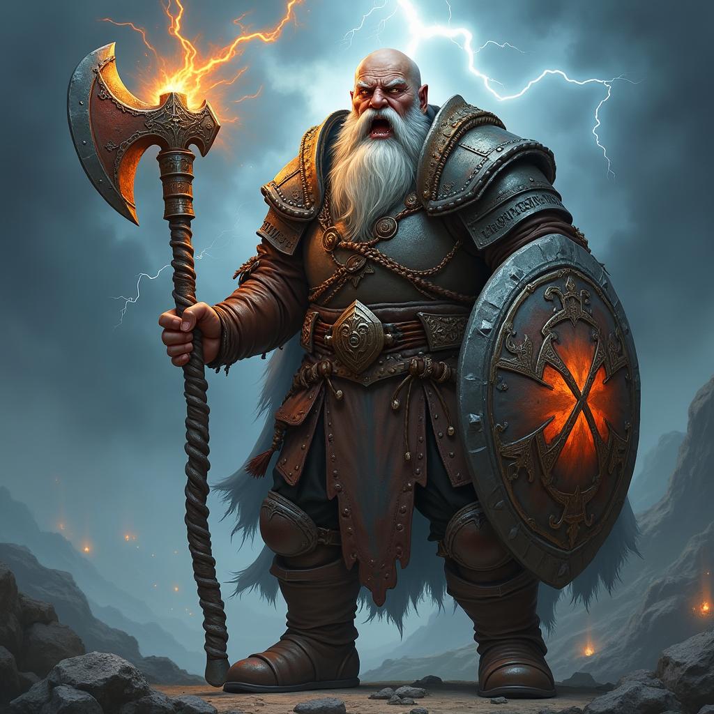 A detailed image of a snarling bald Dwarven cleric with a grey braided beard, a devout follower of Clangeddin Silverbeard