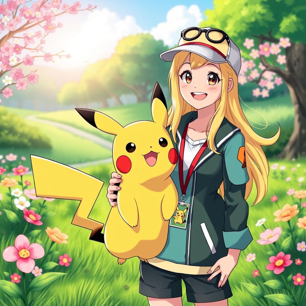 A vibrant scene featuring a woman Pokémon trainer with long, flowing blonde hair, dressed in a colorful, stylish trainer outfit