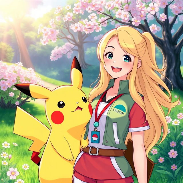 A vibrant scene featuring a woman Pokémon trainer with long, flowing blonde hair, dressed in a colorful, stylish trainer outfit