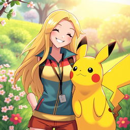 A vibrant scene featuring a woman Pokémon trainer with long, flowing blonde hair, dressed in a colorful, stylish trainer outfit