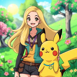 A vibrant scene featuring a woman Pokémon trainer with long, flowing blonde hair, dressed in a colorful, stylish trainer outfit