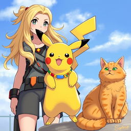 A woman Pokémon trainer with long, flowing blonde hair stands confidently next to her adorable Pikachu