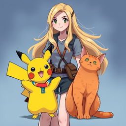 A woman Pokémon trainer with long, flowing blonde hair stands confidently next to her adorable Pikachu