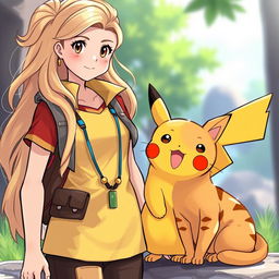 A woman Pokémon trainer with long, flowing blonde hair stands confidently next to her adorable Pikachu