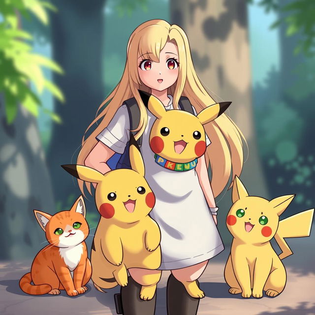 A woman Pokémon trainer with long, flowing blonde hair stands confidently next to her adorable Pikachu