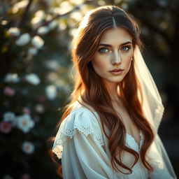 A stunning portrait of a young woman with long, flowing chestnut hair and captivating green eyes