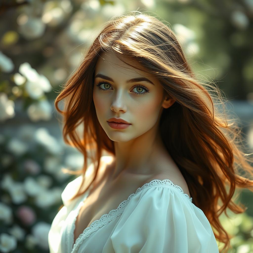 A stunning portrait of a young woman with long, flowing chestnut hair and captivating green eyes