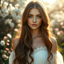A stunning portrait of a young woman with long, flowing chestnut hair and captivating green eyes
