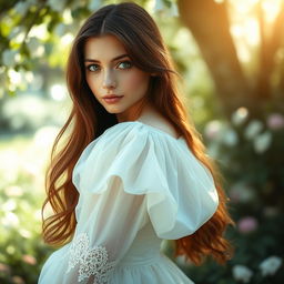 A stunning portrait of a young woman with long, flowing chestnut hair and captivating green eyes