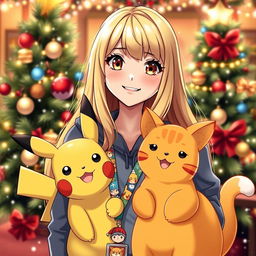 A woman Pokémon trainer with long blonde hair, styled with front bangs, and dark hazel eyes