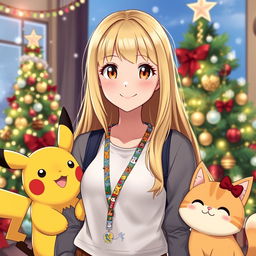 A woman Pokémon trainer with long blonde hair, styled with front bangs, and dark hazel eyes