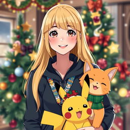 A woman Pokémon trainer with long blonde hair, styled with front bangs, and dark hazel eyes