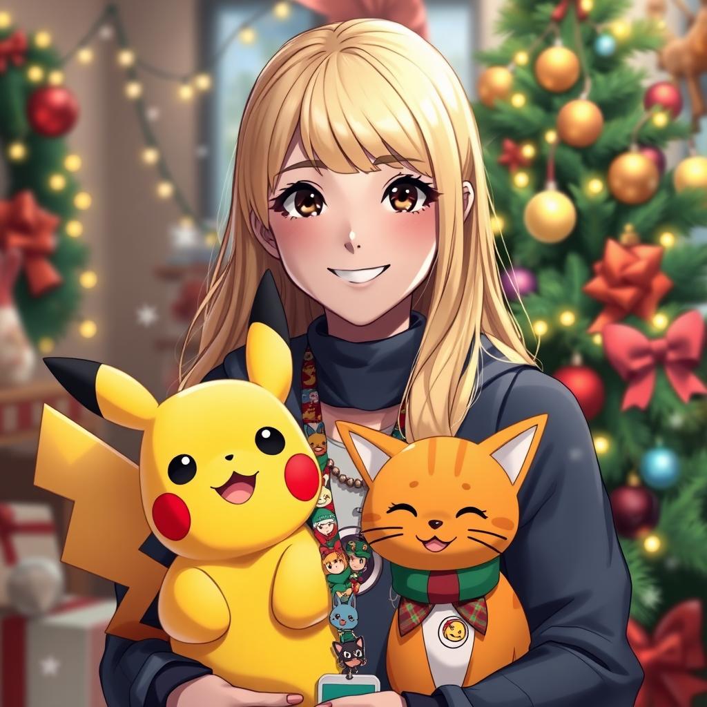 A woman Pokémon trainer with long blonde hair, styled with front bangs, and dark hazel eyes