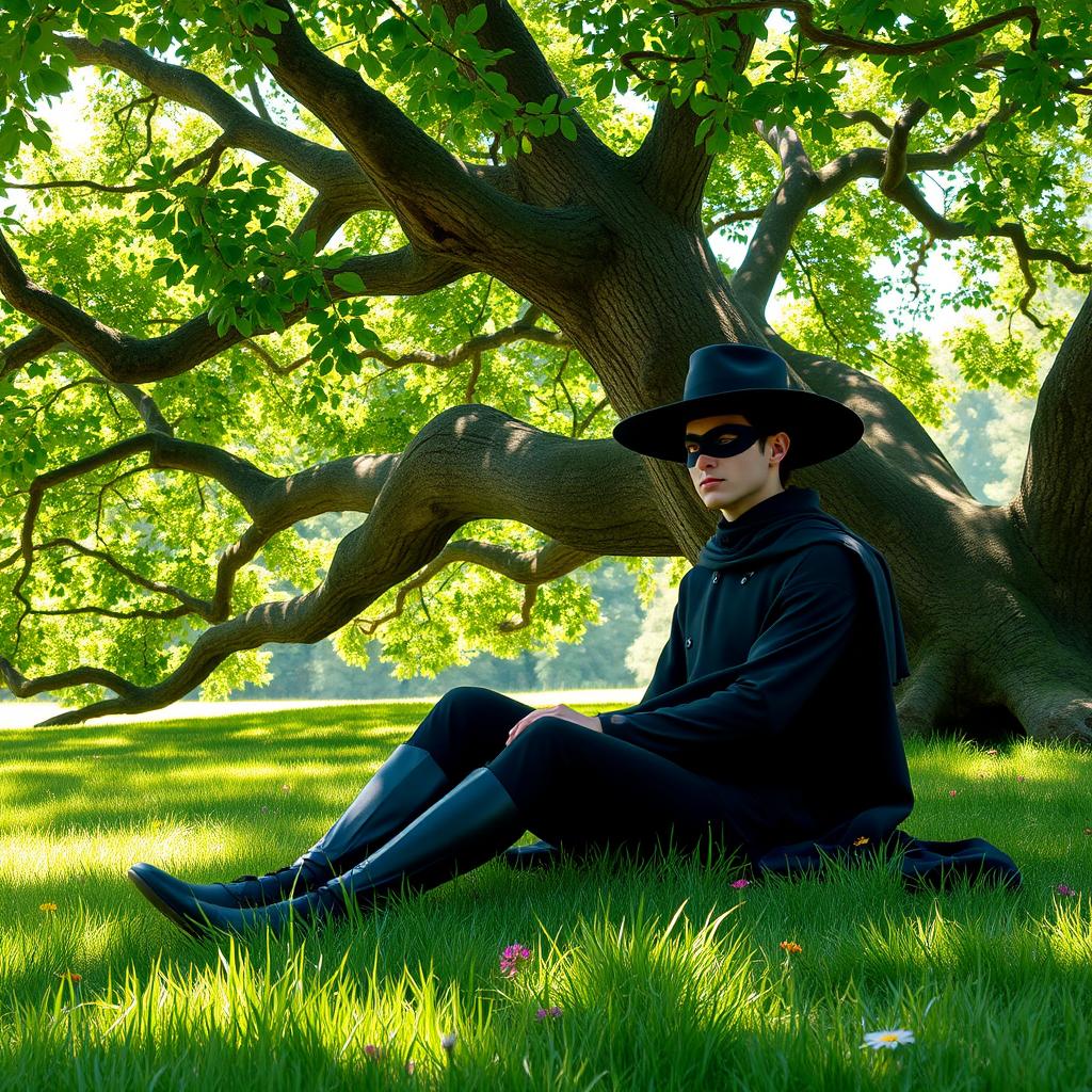 Zorro, the iconic masked hero, sitting peacefully on the lush green grass under a large, sprawling tree