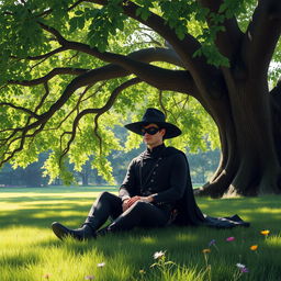 Zorro, the iconic masked hero, sitting peacefully on the lush green grass under a large, sprawling tree