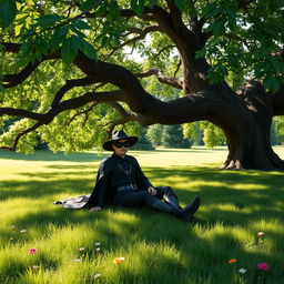 Zorro, the iconic masked hero, sitting peacefully on the lush green grass under a large, sprawling tree