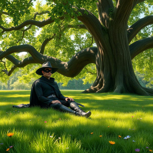 Zorro, the iconic masked hero, sitting peacefully on the lush green grass under a large, sprawling tree