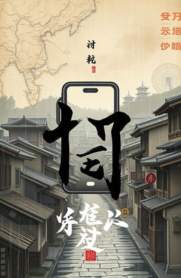 A captivating illustration representing the fusion of past and present, featuring a backdrop of ancient maps and the urban scenery of the Edo period blended with modern elements like a blurred image of a flip phone or contemporary buildings set against a historical city