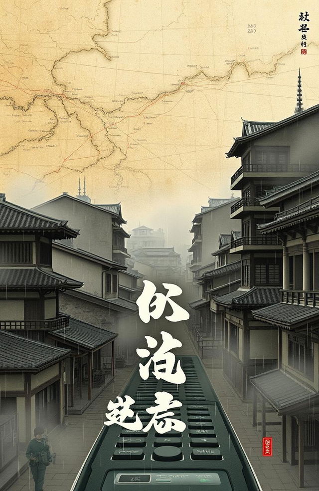 A captivating illustration representing the fusion of past and present, featuring a backdrop of ancient maps and the urban scenery of the Edo period blended with modern elements like a blurred image of a flip phone or contemporary buildings set against a historical city