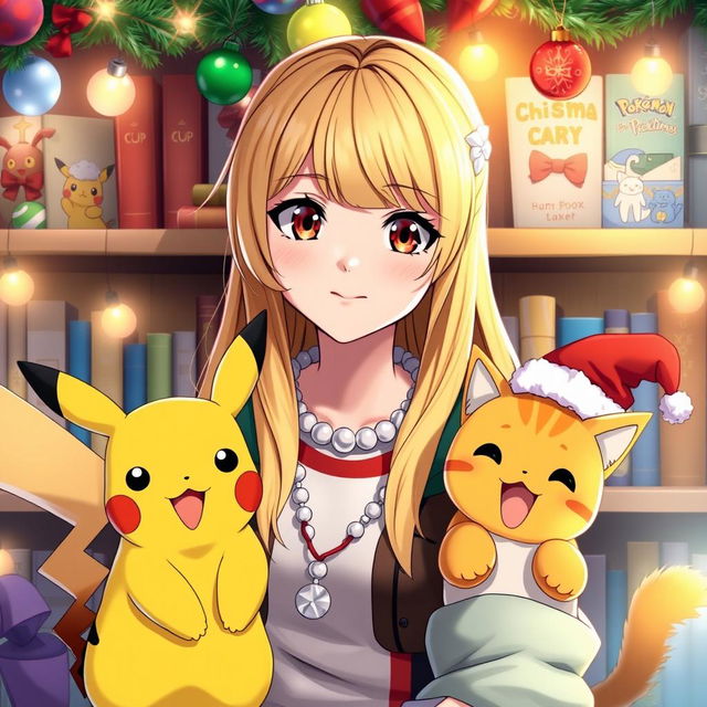 A vibrant Christmas-themed scene featuring a woman Pokémon trainer with long blonde hair styled with front bangs and dark hazel eyes