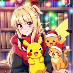 A vibrant Christmas-themed scene featuring a woman Pokémon trainer with long blonde hair styled with front bangs and dark hazel eyes