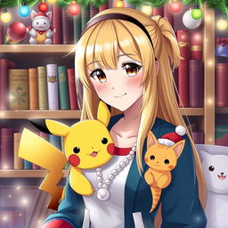 A vibrant Christmas-themed scene featuring a woman Pokémon trainer with long blonde hair styled with front bangs and dark hazel eyes