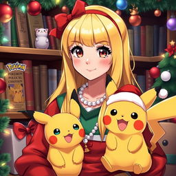 A vibrant Christmas-themed scene featuring a woman Pokémon trainer with long blonde hair styled with front bangs and dark hazel eyes