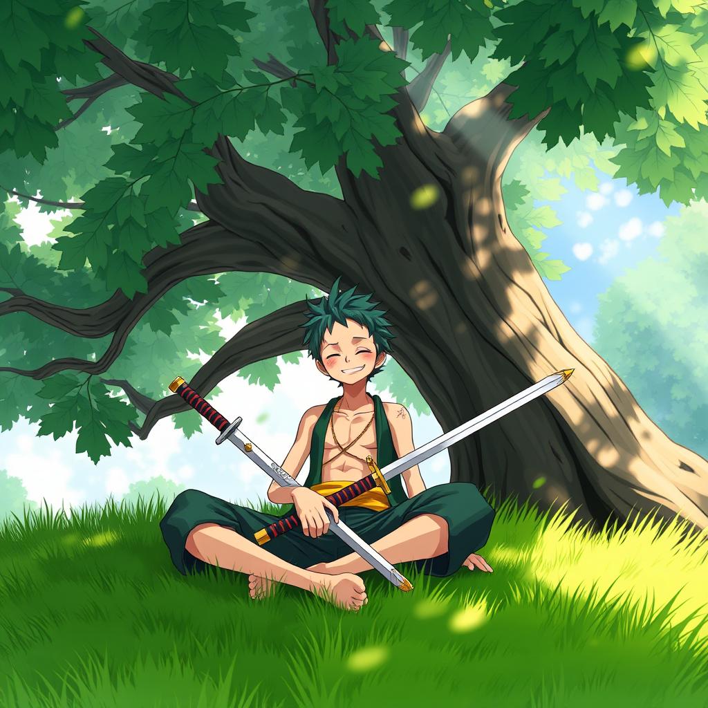 An illustration of Zoro from One Piece, sitting peacefully on lush green grass beneath a large, leafy tree