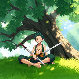 An illustration of Zoro from One Piece, sitting peacefully on lush green grass beneath a large, leafy tree